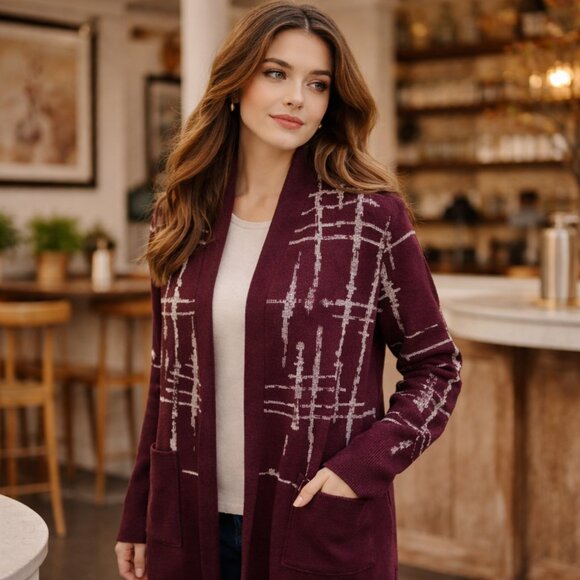 Avenue Sweaters - 🧥 Avenue “Scarla” Coatigan – Plum & Charcoal | Size 14/16